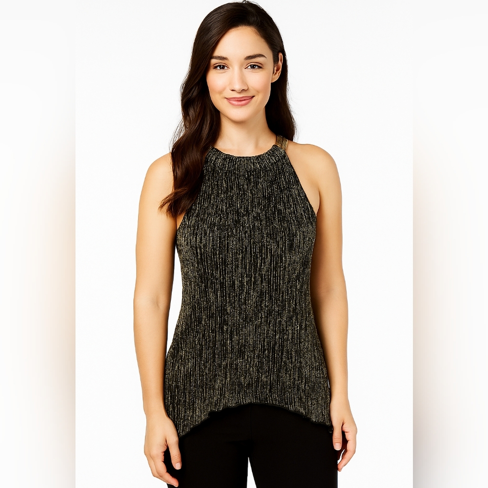 Alfani Metalic Halter Top Black and Gold Size Petite Medium